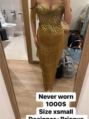 Gold Sequin Fringe Off-Shoulder Evening Dress - X-Small